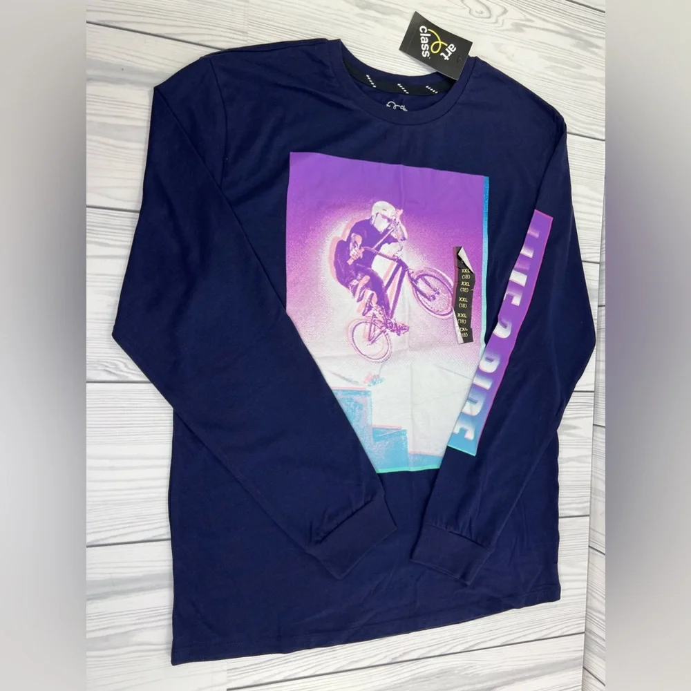 Large - Boys Live 2 Ride Long Sleeve Graphic T-Shirt - art class - Navy Blue
